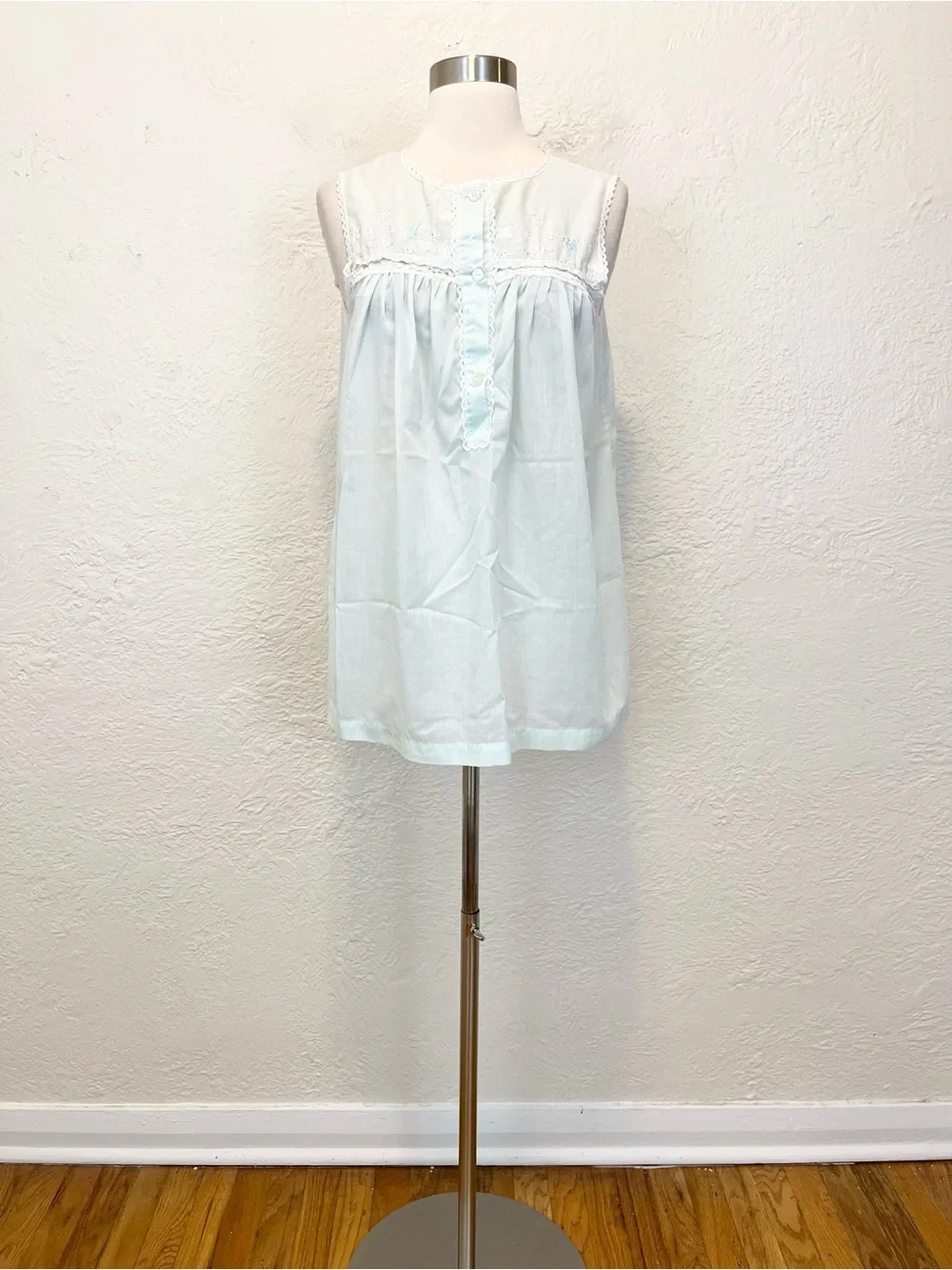 Vintage Micro Mini Babydoll Sleep Dress Blue Eyelet Lace Floral XS - Picture 8 of 14